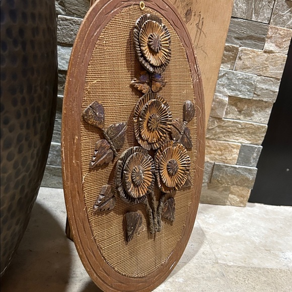 vintage 1970s hand-carved coconut shell floral wall art plaque - Picture 2 of 8
